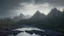 Placeholder: Cloudy dark sky, Distant epic mountains, river, rocks, trees