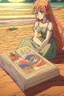 Placeholder: drawn in 90s anime style, retro anime style, 1 singular Book lying with a cover on table the cover depicting a woman on the beach, medieval grimoire, no people, no cluter
