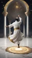 Placeholder: Hyper Realistic Sufi Whirling on stone floor with white & Golden Islamic Sufi Rustic Grungy Background outside white marble Islamic monument at dark night with stars on sky