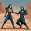 Placeholder: [mexican comics Head Lopper style by Andrew MacLean] [star trek discovery] Michelle Yeoh fights Montalbán as Khan Noonien Singh in kung-fu on the sandy surface of Ceti Alpha VI