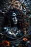 Placeholder: abstract creation of a beautiful girl with black curly hair, surrounded by black roses, thick metal chain broken, glass petals on the ground, autumn colours,dried out thorn bush, chaos,