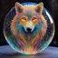 Placeholder: Image of a wolf made up of thousands of very thin glowing lines.Wolf is looking straight at the camera , Symmetrical image, Background is a colorful flowy swirls, golden lines, 3D, alcohol ink effects, sprinkle glitter, pearls, beads. Placed in a glass ball..