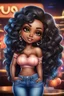 Placeholder: create an airbrush illustration of a chibi cartoon curvy black female wearing Tight blue jeans and a peach off the shoulder blouse. Prominent make up with long lashes and hazel eyes. She is wearing brown feather earrings. Highly detailed long black shiny wavy hair that's flowing to the side. Background of a night club.