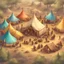 Placeholder: Circle of nomadic colorful tents, gipsy gnomes gathered celebrating fantasy gathering festival, epic aerial matte painting, colored ink, DnD fantasy concept art, highly detailed