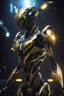 Placeholder: warframe, robot abeja, cyborg artstation, alienigena, cinetatic, alta detalle, alta iluminacion, fondo desenfocado, leds, lineas doradas, alto contraste en negro