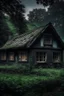 Placeholder: An old abandoned cottage with windows and dim light in side the house , in a dark and tranquil bosque with much flora and rain