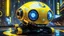 Placeholder: A masterpiece conceptual digital painting of a prototype, experimental, yellow(((Pac-Man)))-cyborg, with illuminated holographic eyes, pinstripes, and detailed LED light accents, in a glossy cyberpunk background, Syd Mead art style, sci-fi, cyberpunk, game art, intricate details, HDR, beautifully shot, hyperrealistic, sharp focus, dim foul lighting, 64 megapixels, perfect composition, high contrast, cinematic, atmospheric, moody.