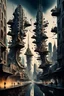 Placeholder: a stunningly weird image of a futuristic metropolis using Salvador Dali's paranoiac-critical method, where buildings and structures appear to melt into the skyline cityscape is filled with floating mad, twisted sharp metal shapes that interact with the buildings and each other, forming a surreal tableau of a dreamlike reality. neu-steampunk vibe, essence of the scene in a cinematic manner, with dramatic shadows that enhance the distorted perspectives and bizarre