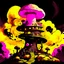 Placeholder: A fantabulous black, yellow, and pink (((mushroom tower house))) erected atop a (geologic pillar), surrounded by the uncanny imaginative ((( swirling skies))), offset by the stark hues of a (neon-tinged nebulous space scape), within. captured by the hand a skilled master painter with a focus on (softly blurred compositions and voluminous lighting).