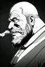 Placeholder: no beard old man in profile smokes a cigar, shot hair, greyscale