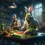 Placeholder: portrait of crazy scientist and army officer irradiating food inside grove with huge fluffy hare, 4 k, down-light, soft light, depth of field, photo realism, trending on art station, high detail, spray paint