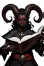 Placeholder: En black skin tiefling fra dnd holding a book with Arcane simple swirling around them