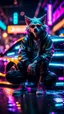 Placeholder: camera angle from feet, portrait of slick lord water wolf Gremlin myth buster pimp ninja yoga cyber punk sitting on the hood of a hipster car parked in dark neon lit reflective wet arcade hall tunnel,bokeh like f/0.8, tilt-shift lens 8k, high detail, smooth render, down-light, unreal engine, prize winning