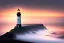 Placeholder: Lighthouse in England, foggy day with a climp of sunset, seagull