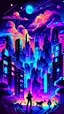 Placeholder: illustrations with a professional art style that show people learn artificial intelligence, use colorful and midnight city theme as a background, make it outstanding