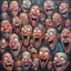 Placeholder: multiple characters with happy faces and different emotions, broken mind ,neo expressionism, acrylic painting, ultra detailed, grotesque, bizarre, strange