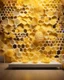 Placeholder: irtual photo wallpaper with honeycombs, a beautiful yellow background, false windows and bright pseudo-lights and spots on the walls, display shelves for products