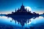 Placeholder: realistic lost castle in the middle of a lake seen from shore with full moon in background at night