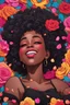 Placeholder: A sassy pop punk art cartoon of a black female lounging lazily on her side, surrounded by colorful roses flower petals. Looking up coyly, she grins widely, showing teeth. Highly detailed black afro , regal expression.