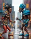 Placeholder: two arafed persons arguing in middle of street, yikes art, afrofuturism, arafed angularity, art cracking the road, angular aztec vibe, whimsical arafed nonsense, patchwork vibe, (((side view))) two arafed cyberlords fighting each other in a rainy whimsical downtown street with extreme body action and with (((exaggerated body parts))), (((oversize head))), sharp color contrasts, amazing shadows, (((exaggerated limbs and head))), minimal cozy, warm palette, bright bold warm summer colors