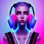 Placeholder: woman teenager, headphones, retro futuristic, shaved hair, latex, gradient color, BLUE, PINK, CYAN, neon, insanely detailed, 16k resolution, perfect eyes, cinematic smooth, intricate detail