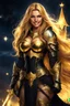 Placeholder: SUPER PRETTY GIRL, DRESSED WITH A BLACK-GOLD SMALL ARMOUR, GOLDEN LONG HAIRED, GOLDEN EYES, GREATH SMILE, BIG BUBS, NICE BODY, STAY ON DARKNESS CASTLE, STARS SKY, MOON, LEGENDARY WARRIOR, POWERED GIRL, A GOLDEN GLOW AROUND HER BODY.