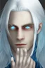 Placeholder: Realistic young man, long white hair covering one eye, blue eye, has rings on his hand, pale skin, slim bit fit