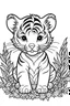 Placeholder: cute coloring page, sketch style, cute baby tiger in the jungle, cute cartoon, white and black, withe background, no shadows, outline.