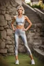 Placeholder: beautiful anorexic woman, standing, silver yoga leggins, short silver yoga top, medium length curly bob haircut, 85 mm lens, slim chest