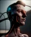 Placeholder: Ultra realistic photographic night portrait, cinematic, naked, shaved < strong man> <hanging wires> many wires coming out of the head <perfect pupil> <cyborg> <garage> <body view> <sci-fi futuristic> <thriller>, fog, soft color, highly detailed, unreal engine 5, ray tracing, RTX, lumen lighting, ultra detail, volumetric lighting, high definition.