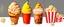 Placeholder: ice cream cones, dole-whip cones, a sundae, striped bag of popcorn, iced coffee drink with whipped topping. whimsical and delightful, digital painting on white