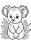 Placeholder: cute coloring page, sketch style, cute baby koala in the jungle, cute cartoon, white and black, withe background, no shadows, outline.