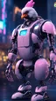 Placeholder: CHICKEN robot made of cotton candy, sci-fi, cyberpunk, full body, ultra realistic, virtual reality, cyberpunk city and colors