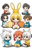 Placeholder: Adorable chibi five anime caracters happy group sitting on White Background, cartoon mood