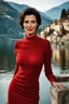 Placeholder: Act like a fashion photographer. Create a natural, old style, realistic photograph of a small Italian town at Como Lake in late winter with a 40-year-old, looking younger than her age, beautiful, Italian woman in Monica Belluci style with short hair and black eyes, elegant red dress,. Use a portrait lens and a Fuji T30 camera for mild light, cold, photo from a distance, low exposition