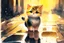 Placeholder: cute happy chibi cat standing on a wet cobblestone road in sunshine, watercolor and black in outlines, golden glitter, ethereal, cinematic postprocessing, bokeh, dof