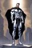 Placeholder: an extremely muscular superhero man wearing a black, skintight, formfitting cowl, a black, skintight, formfitting, Kevlar bodysuit, Silver Wrist Gauntlets, Silver Belt, Silver knee-high boots, black gloves, silver "M" logo on the chest, a mustache and goatee, black gloves,