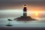 Placeholder: Lighthouse in England, foggy day with a climp of sunset, seagull is sitting in the foreground