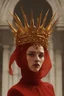 Placeholder: lady in red veils her face and has a large golden spiked crown, in the style of celestial fasion, otherworldly beauty, davide sorrenti, celestialpunk, album covers, fra angelico, aykut aydogdu, queencore, golden age aesthetics --s 750 --v 6. 0 --ar 10:13