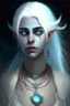 Placeholder: hauntingly beautiful character for dnd, young woman with white hair and blue eyes, angel, with moon necklace, fangs visible