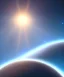 Placeholder: cloudy planet, planet shot from space, beam of light stretches across