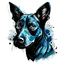 Placeholder: Modern tattoo motifs, abstract and minimalist ink drawing, Bold and dynamic, design on a white background, Pictured is a broad and firm head of a short-haired crossbreed dog of a dark color, without light patches on the faces, of a firmer stature with very short drooping ears . The image consists of black and blue colors. The tattoo is with detailed shading. The dog has a cheerful and mischievous look and a sticking out tongue, he smiles