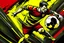 Placeholder: Classic [soccer player with a ball] bursting through the screen, thick black outlines, comic book aesthetic, dark [yelow and red] background infusing towards the edges, creating an illusion of motion, dramatic lighting, digital illustration, ultra vibrant colors