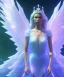 Placeholder: A crystalised queen, atmospheric, realistic, unreal engine, cinematic lighting, octane render. blue, pink, transparency, light, shine,bright, full body, transparent wings, blonde, long hair, smile