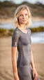 Placeholder: anorexic beautiful 19 year old woman, total shot, grey capri leggins, triathlon top, short blonde wavy bob hair, blurred beach background