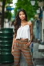 Placeholder: full body shot Young woman, 20 years old, wearing nice pant and top walk in street,looking to camera