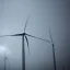 Placeholder: Thousands vertical wind turbines. Heavy cold rain. Thunderstorm. An engineer looking up. Futuristic scenary. Gray mist.