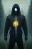 Placeholder: running berserker portrait , no face, black jogging suite , in the night Alps , holding bitcoins , angels background, volumetric gold light, high detail, dark leaf tree, dark mountains in background, perfect