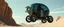 Placeholder: guy standing inside laid back futuristic sci-fi glass human form bomb like car pillar on wheels, two wheels are on the middle tipping point, one in the back and one in the front