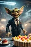 Placeholder: portrait of happy gremlin standing in a mega cake in suit flying in wind tunnel birthday party in a storm cloud, in the style of a fallout 4,bokeh like f/0.8, tilt-shift lens 8k, high detail, smooth render, down-light, unreal engine, prize winning